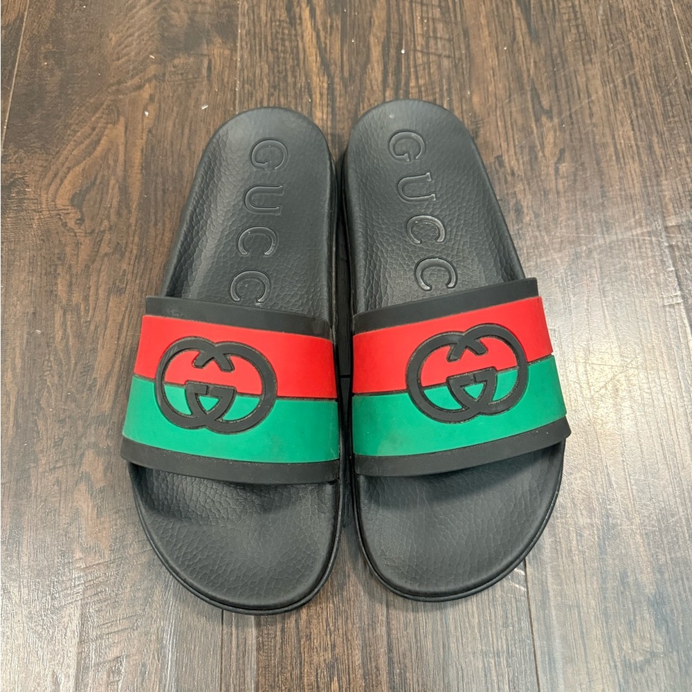 Gucci Black Slides with Red and Green Bands